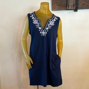 Lands End Navy Sleeveless Dress with White Embroidery